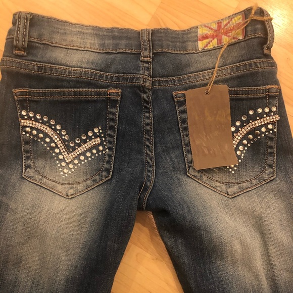 Bedazzled straight leg distressed denim jeans NWT - Picture 5 of 8